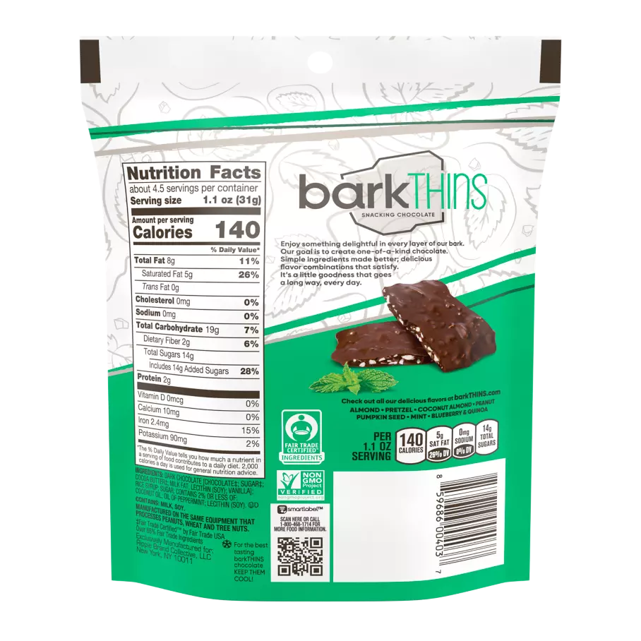 barkTHINS Dark Chocolate Mint Snacking Chocolate, 4.7 oz bag - Back of Package