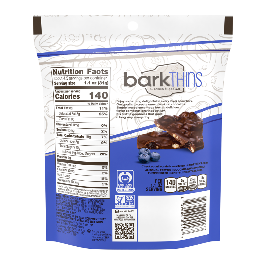 barkTHINS Dark Chocolate Blueberry & Quinoa Snacking Chocolate, 4.7 oz bag - Back of Package