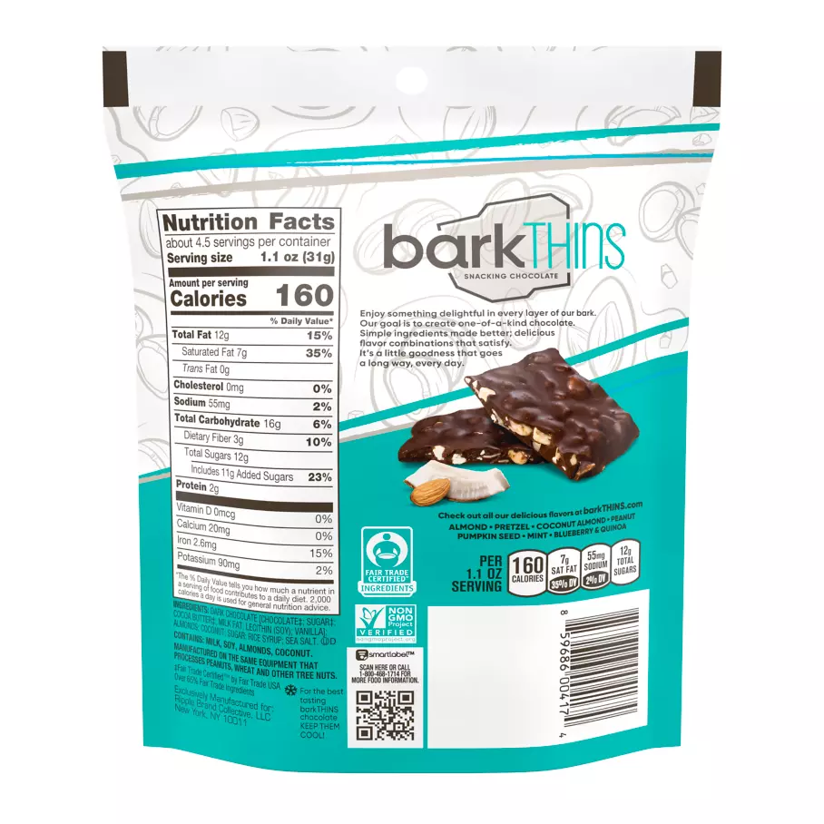 barkTHINS Dark Chocolate Coconut & Almond Snacking Chocolate, 4.7 oz bag - Back of Package