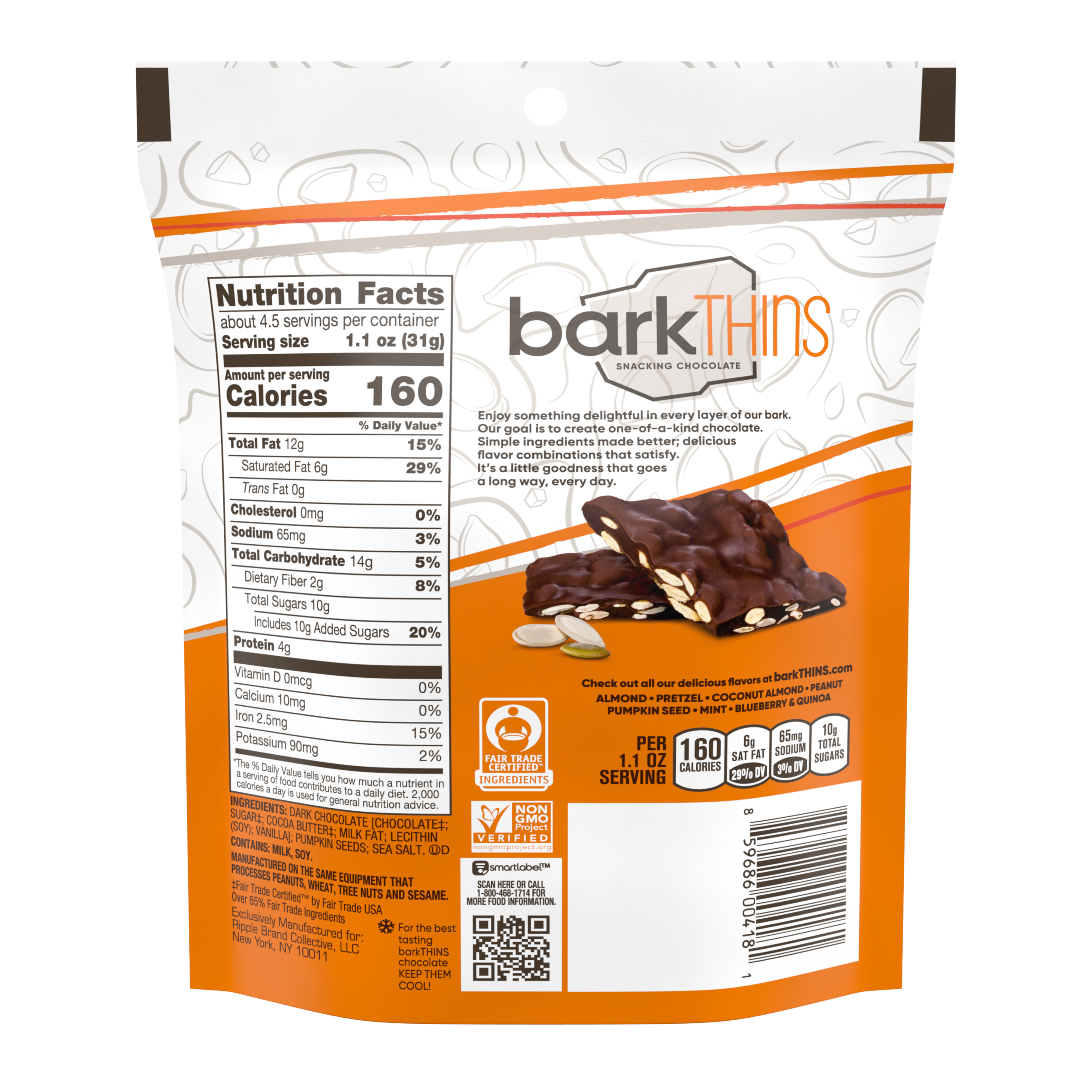 barkTHINS Dark Chocolate Pumpkin Seed & Sea Salt Snacking Chocolate, 4.7 oz bag - Back of Package