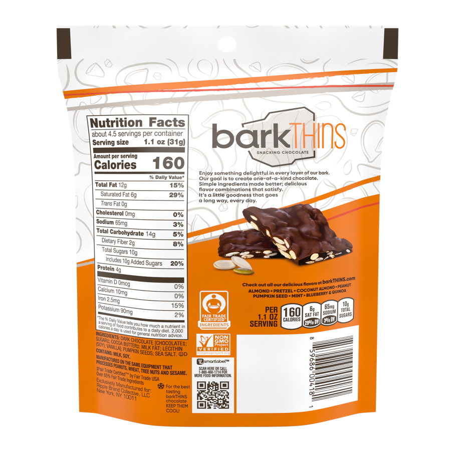barkTHINS Dark Chocolate Pumpkin Seed & Sea Salt Snacking Chocolate, 4.7 oz bag - Back of Package
