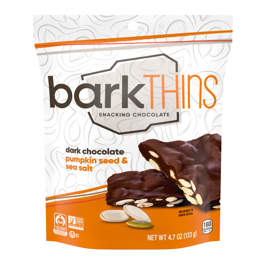 barkTHINS Dark Chocolate Pumpkin Seed & Sea Salt Snacking Chocolate, 4.7 oz bag - Front of Package
