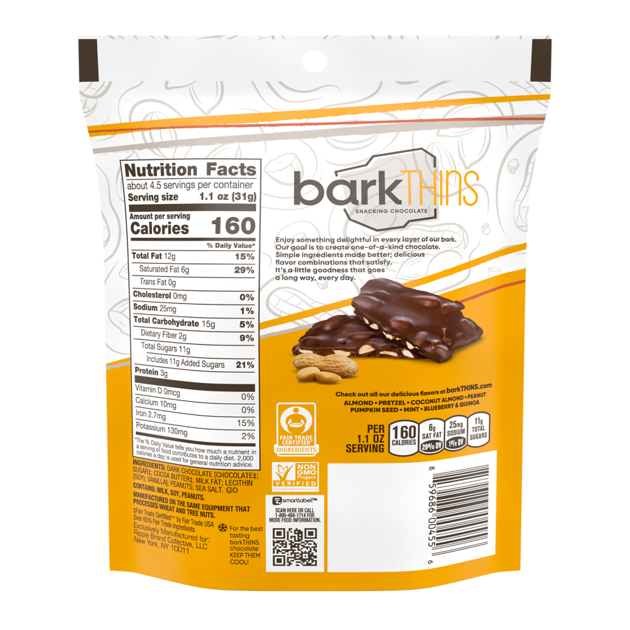 barkTHINS Dark Chocolate Peanut & Sea Salt Snacking Chocolate, 4.7 oz bag - Back of Package
