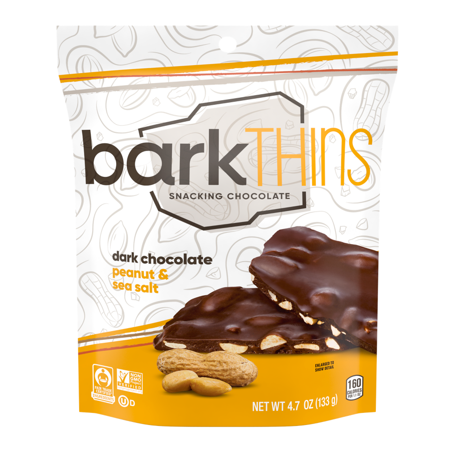 barkTHINS Dark Chocolate Peanut & Sea Salt Snacking Chocolate, 4.7 oz bag - Front of Package
