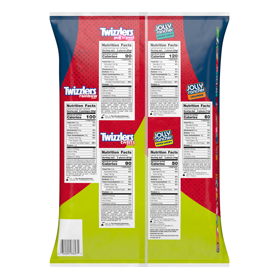 JOLLY RANCHER TWIZZLERS Candy Assortment, 68.83 oz bag, 235 pieces - Back of Package