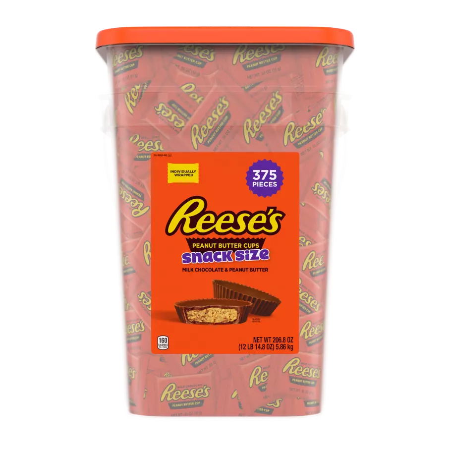 REESE'S Milk Chocolate Snack Size Peanut Butter Cups, 206.8 oz tub, 375 pieces - Front of Package