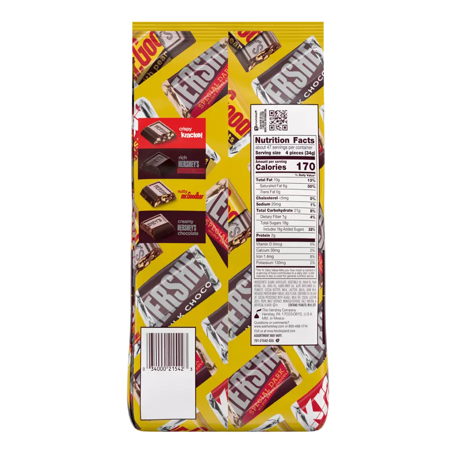 HERSHEY'S Miniatures Assortment, 56 oz bag, 180 pieces - Back of Package
