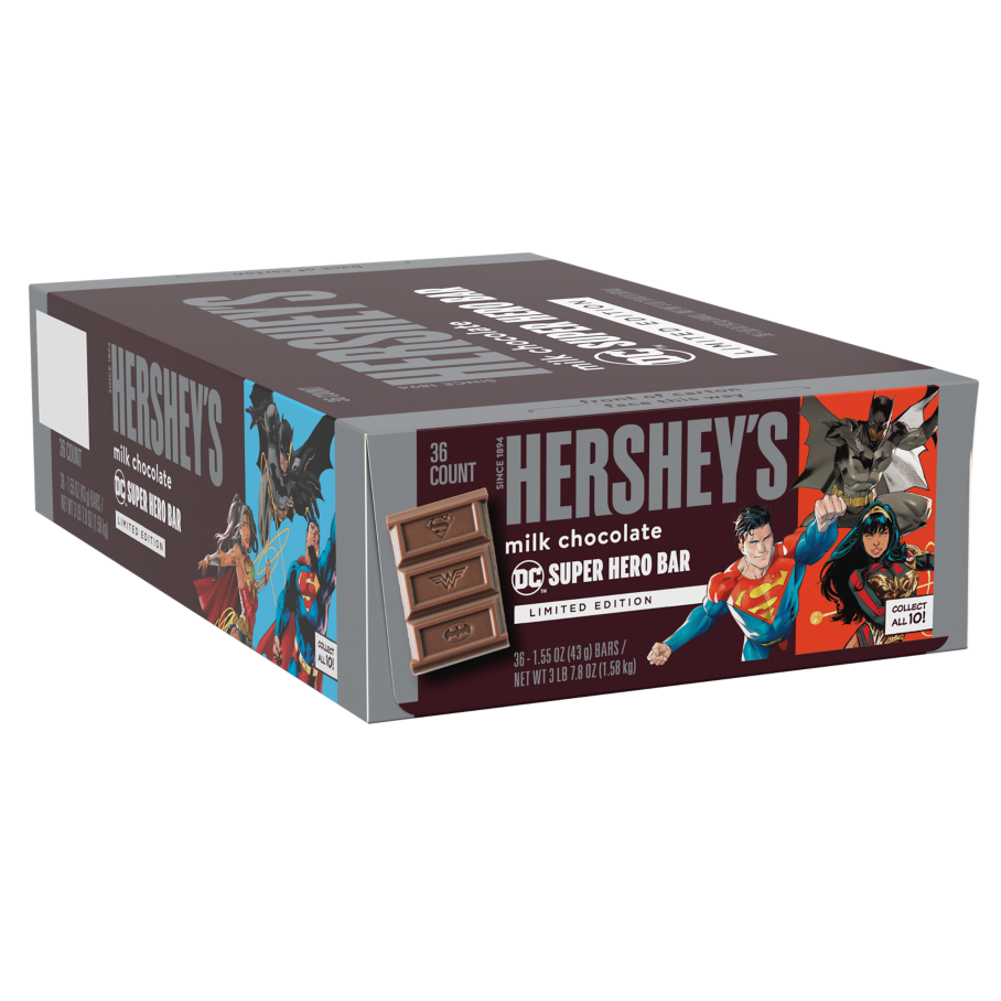 HERSHEY’S Milk Chocolate DC Super Hero Candy Bars, 1.55 oz, 36 count box - Front of Package