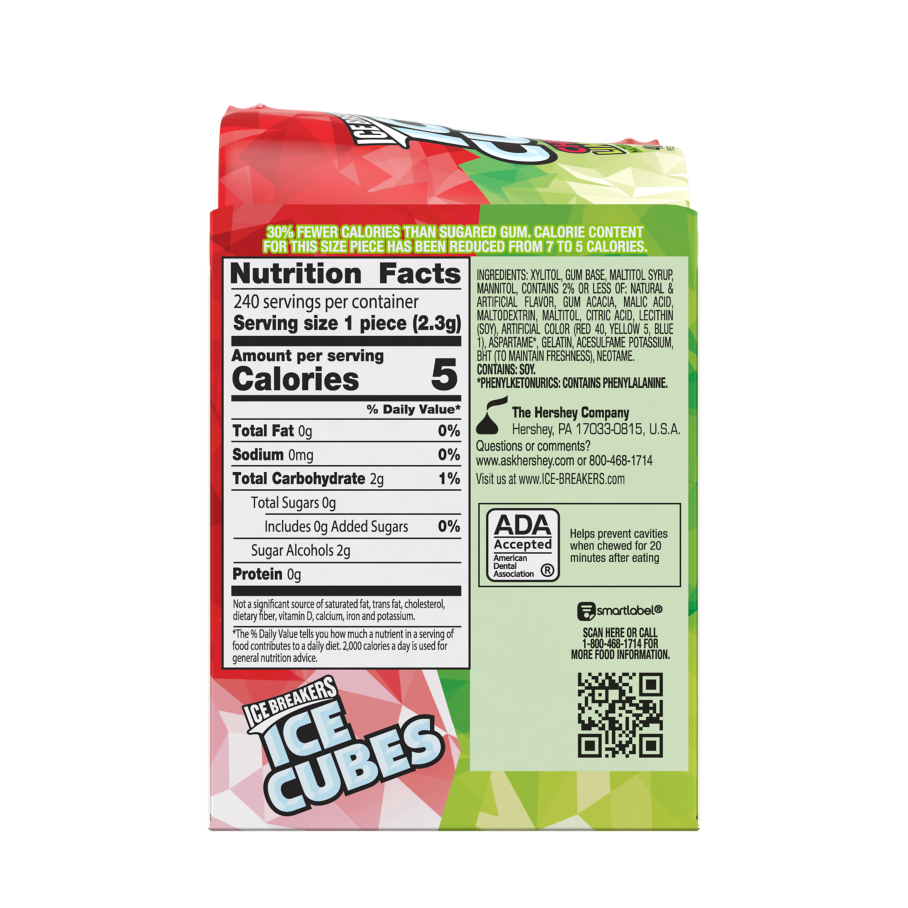 ICE BREAKERS ICE CUBES Cherry Limeade Sugar Free Gum, 19.44 oz box, 6 pack - Back of Package