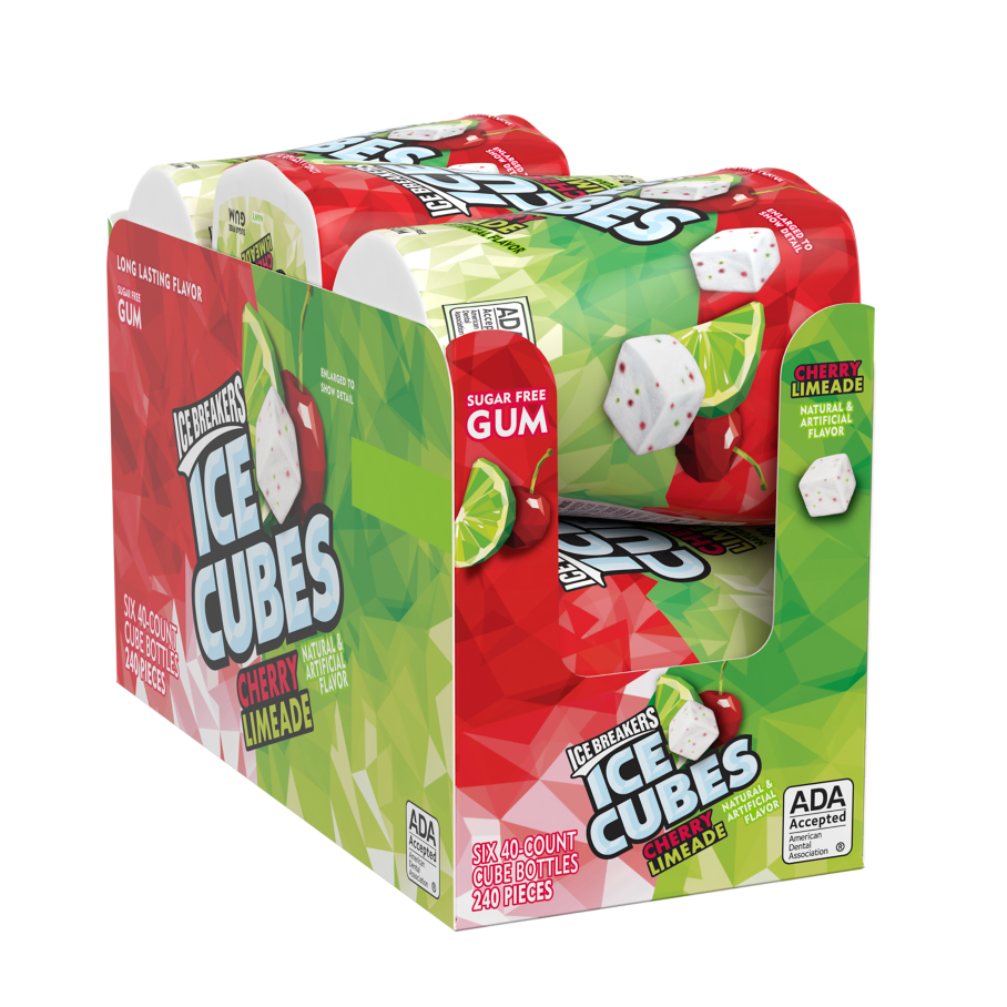 ICE BREAKERS ICE CUBES Cherry Limeade Sugar Free Gum, 19.44 oz box, 6 pack - Front of Package