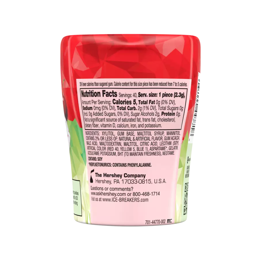 ICE BREAKERS ICE CUBES Cherry Limeade Sugar Free Gum, 3.24 oz bottle, 40 pieces - Back of Package