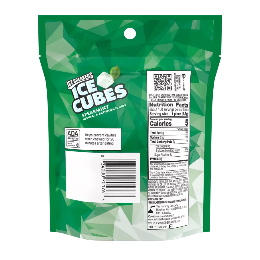 ICE BREAKERS ICE CUBES Spearmint Sugar Free Gum, 8.11 oz bag, 100 pieces - Back of Package