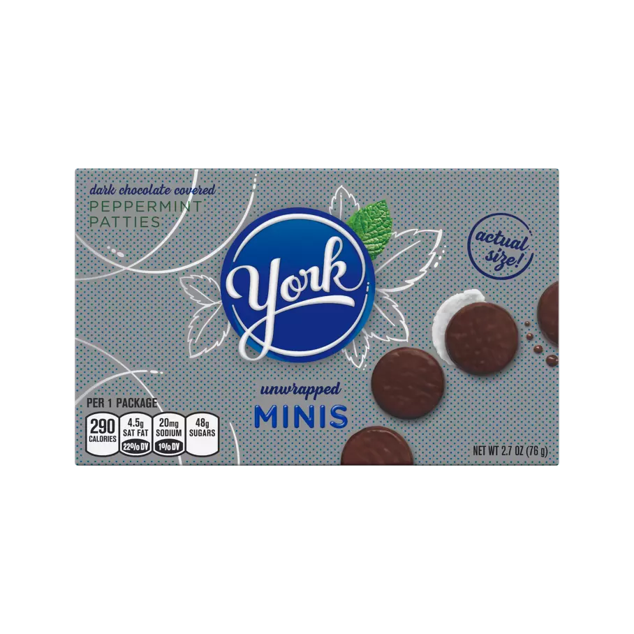 YORK Minis Theatre Box Dark Chocolate Peppermint Patties, 2.7 oz box - Front of Package