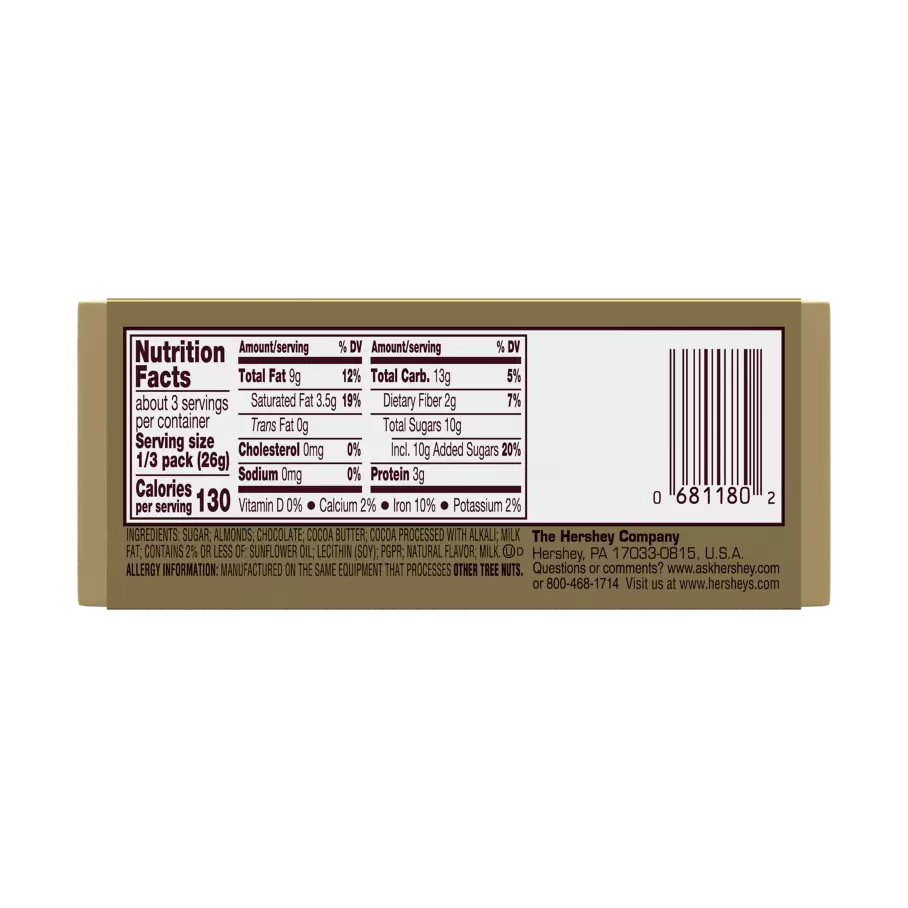 HERSHEY'S GOLDEN ALMOND Dark Chocolate Candy Bars, 2.8 oz, 5 pack - Back of Package