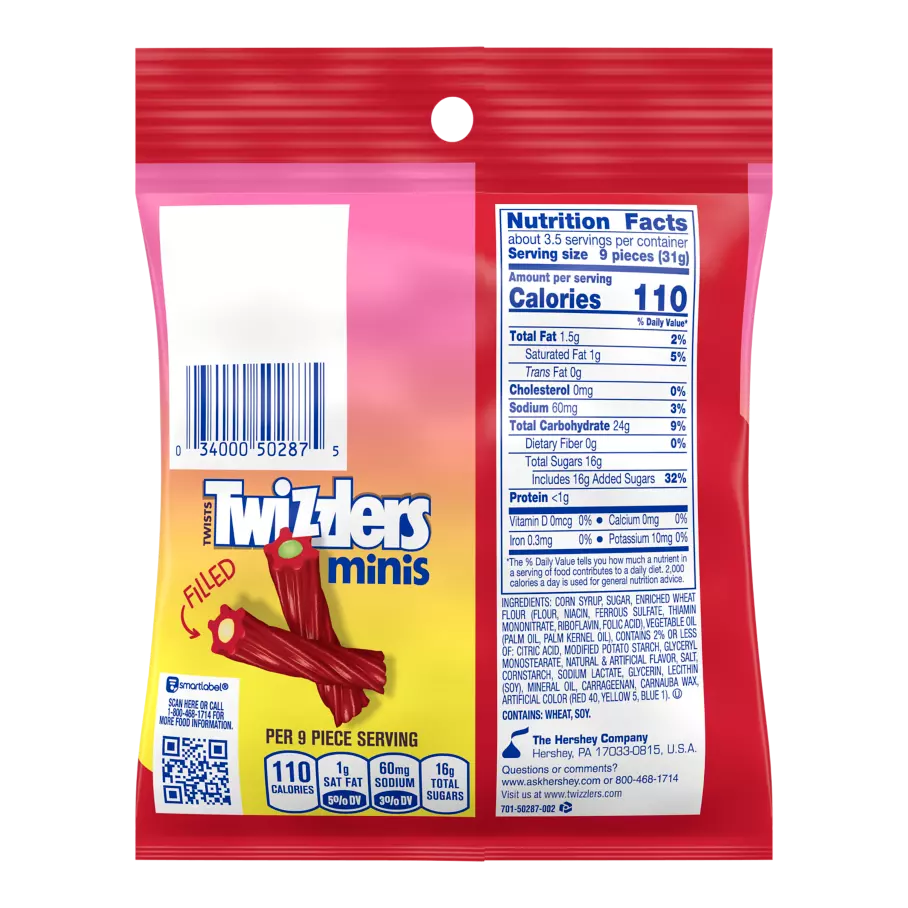 TWIZZLERS Twists Mini Candy, 3.75 oz bag - Back of Package