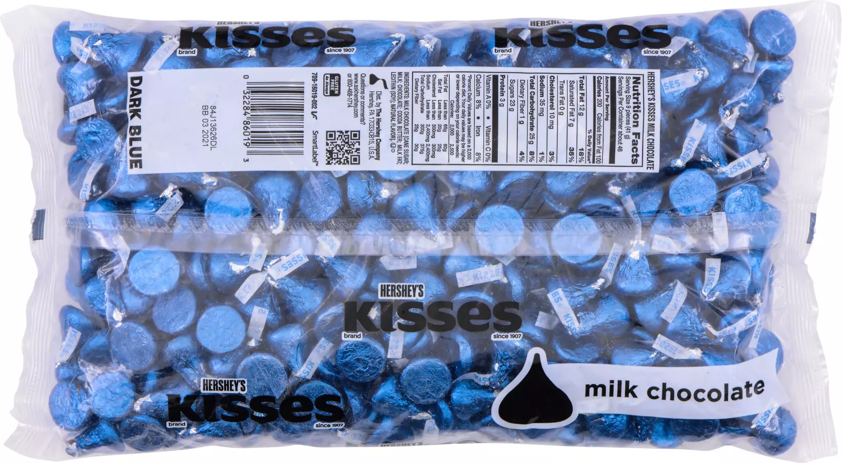 HERSHEY'S KISSES Dark Blue Foil Milk Chocolate Candy, 66.67 oz bag, 400 pieces - Back of Package
