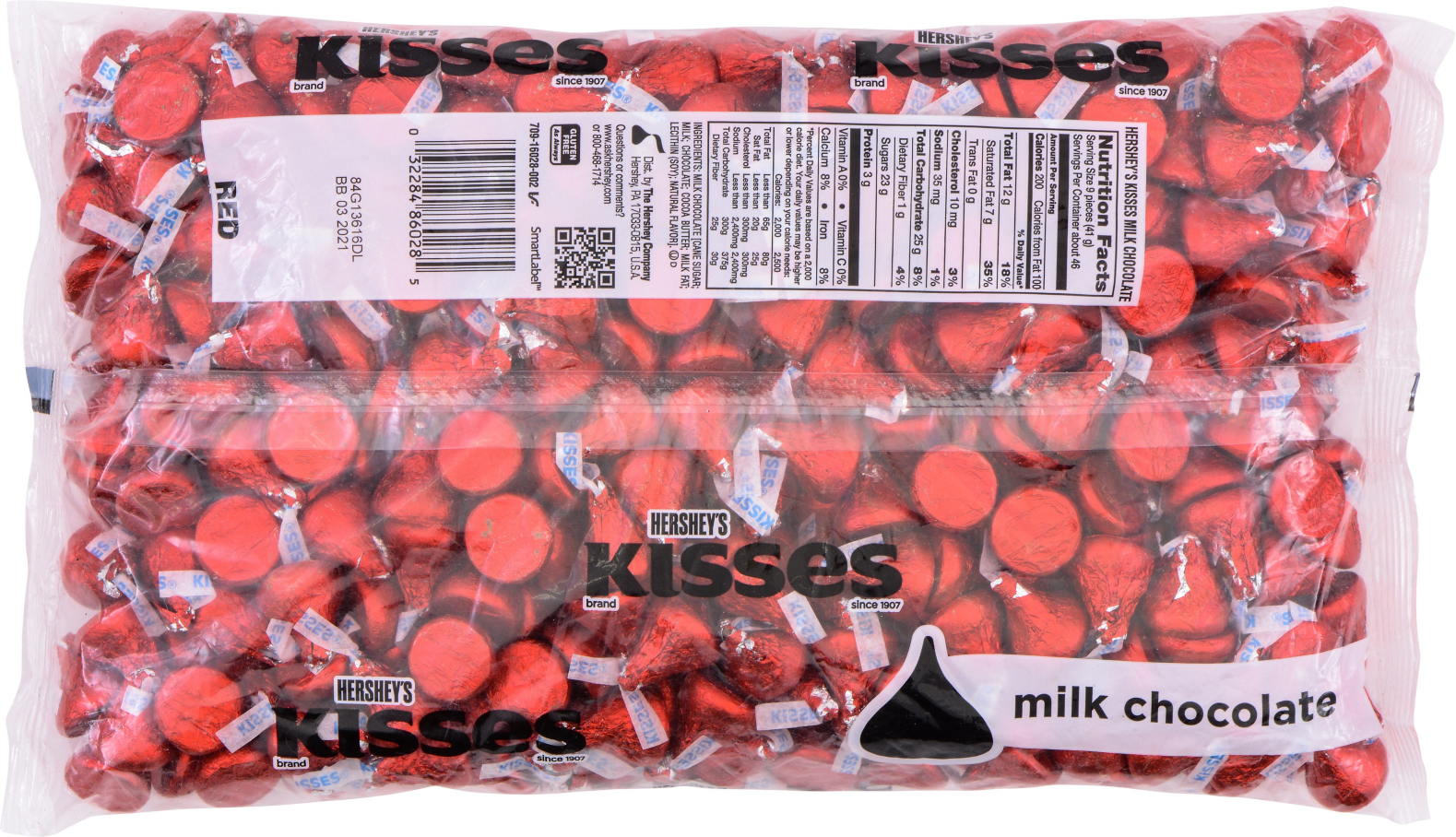 HERSHEY'S KISSES Red Foil Milk Chocolate Candy, 66.67 oz bag, 400 pieces - Back of Package