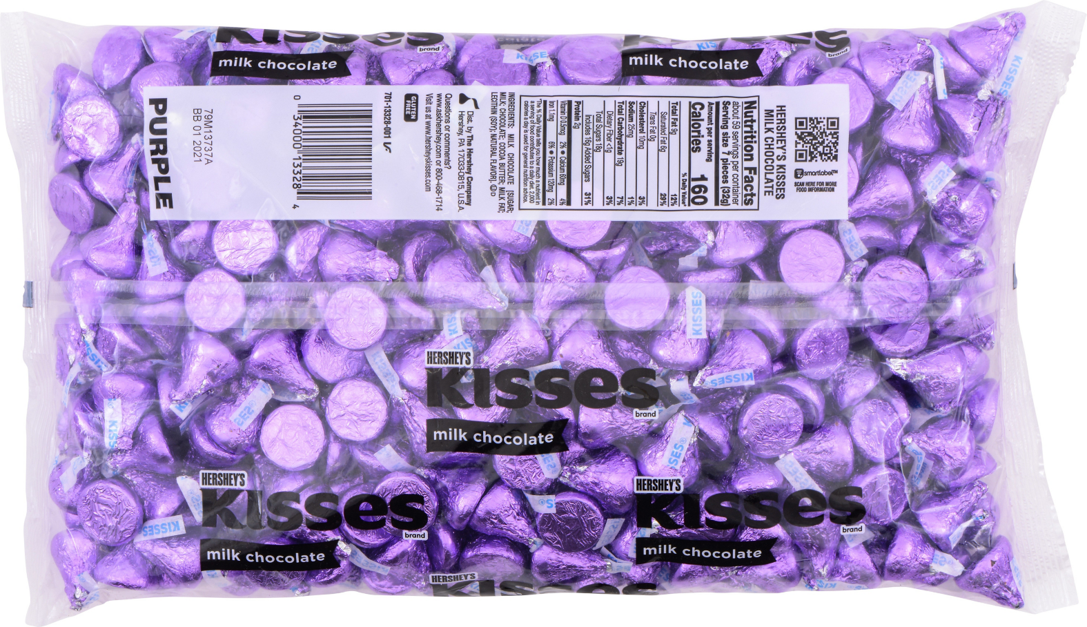 HERSHEY'S KISSES Purple Foil Milk Chocolate Candy, 66.7 oz bag - Back of Package