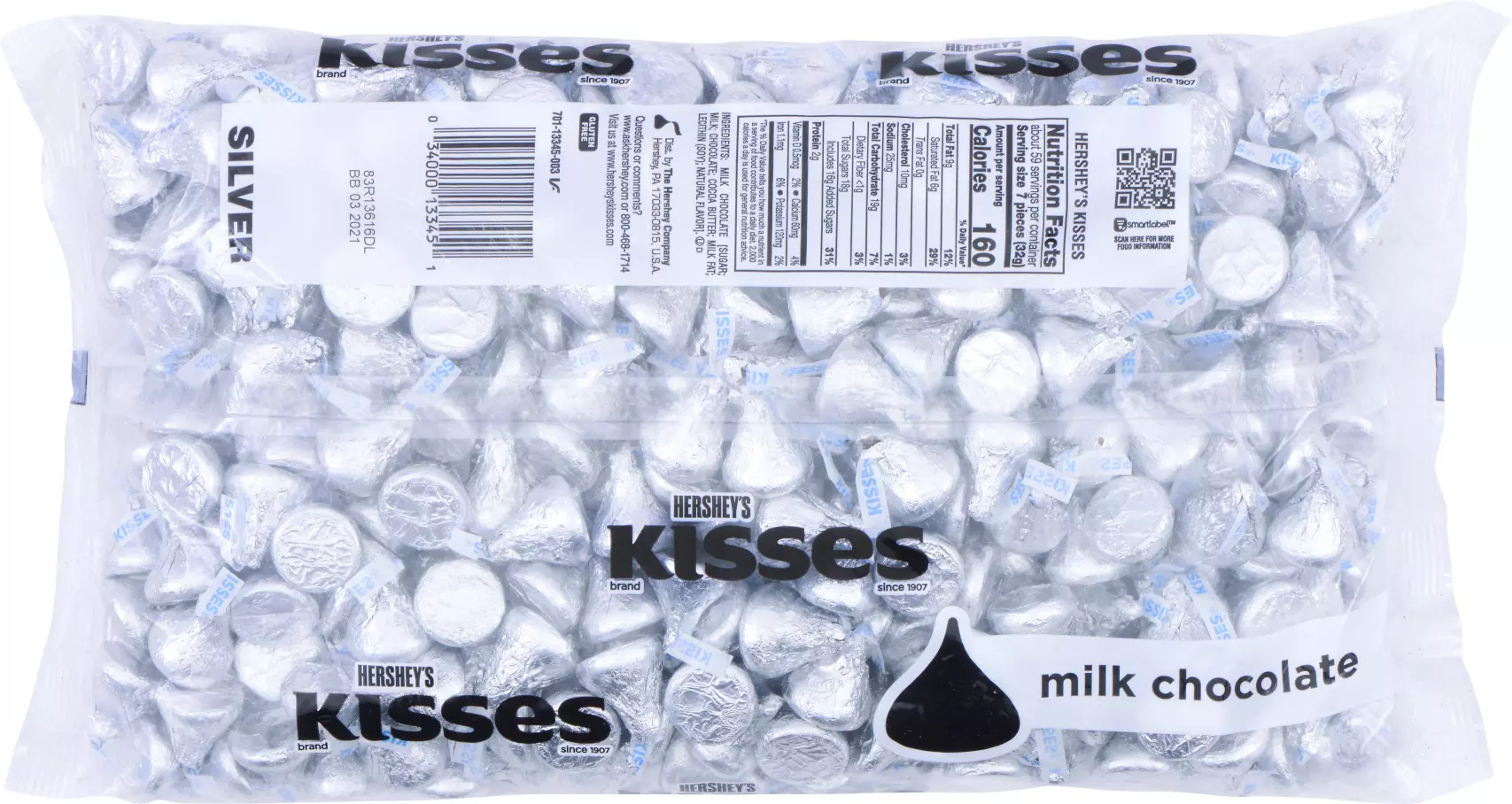 HERSHEY'S KISSES Silver Foil Milk Chocolate Candy, 66.7 oz bag - Back of Package