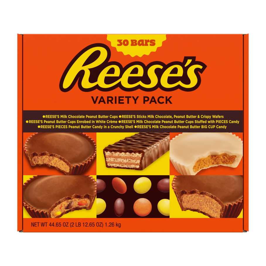 REESE'S Variety Peanut Butter Candy Bars, 44.65 oz box, 30 pack - Front of Package