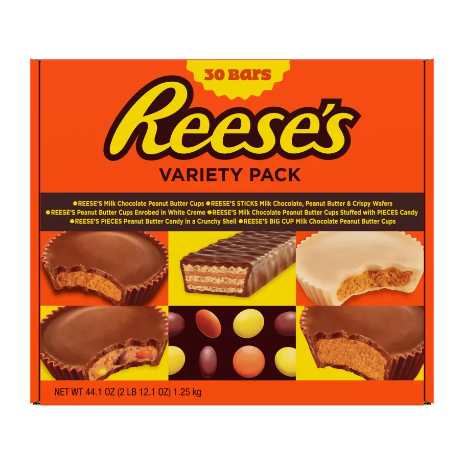 REESE'S Milk Chocolate Peanut Butter Candy Bars, 44.1 oz box, 30 pack - Front of Package