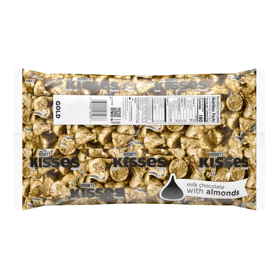 HERSHEY'S KISSES Gold Foil Milk Chocolate with Almonds Candy, 66.7 oz bag - Back of Package