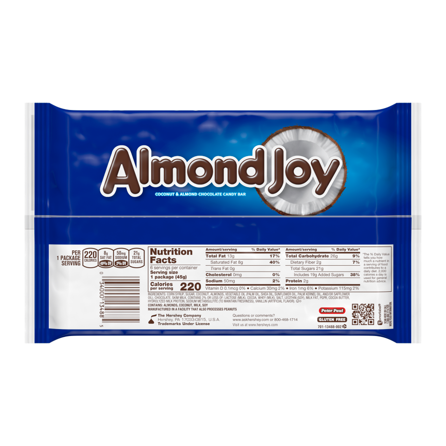 ALMOND JOY Coconut and Almond Chocolate King Size Candy Bar, 3.22 oz - Back of Package