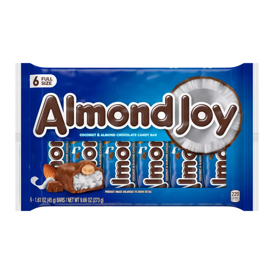 ALMOND JOY Coconut and Almond Chocolate Candy Bars, 9.66 oz, 6 pack - Front of Package