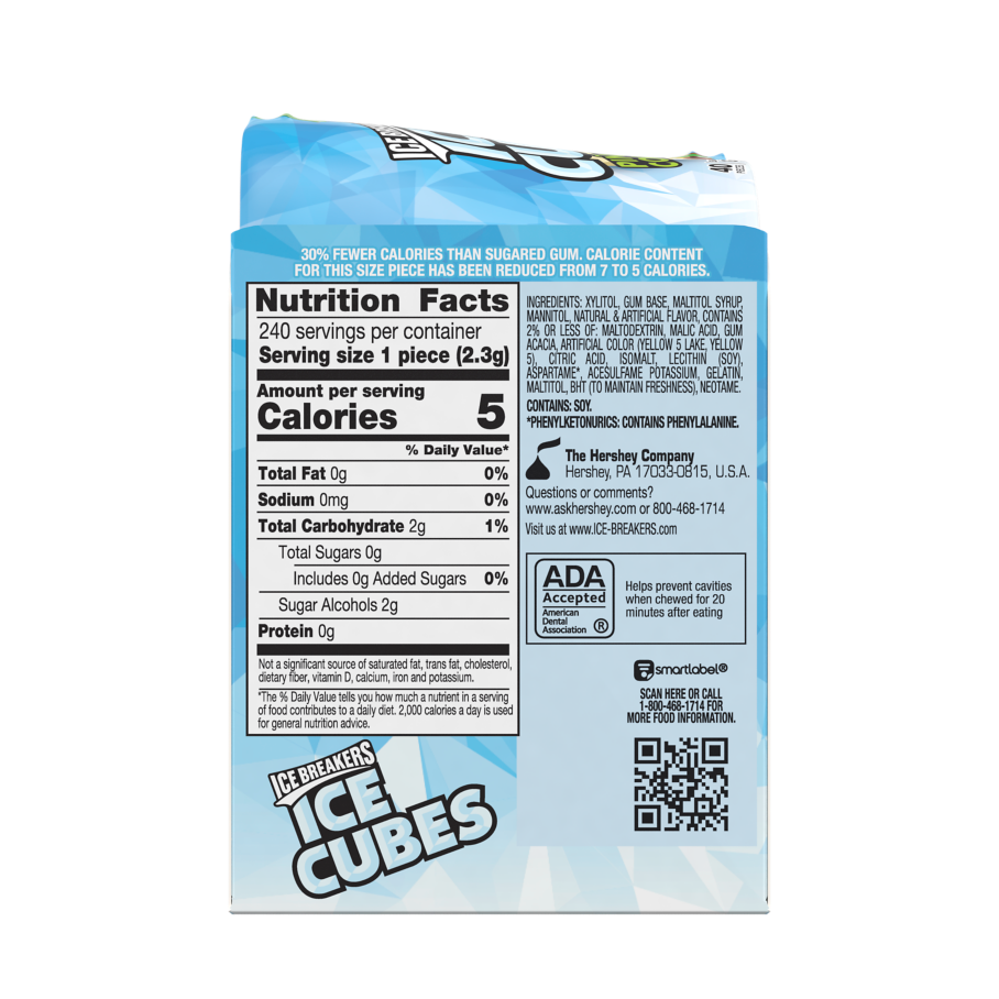 ICE BREAKERS ICE CUBES Piña Colada Sugar Free Gum, 3.24 oz bottle, 6 count box - Back of Package