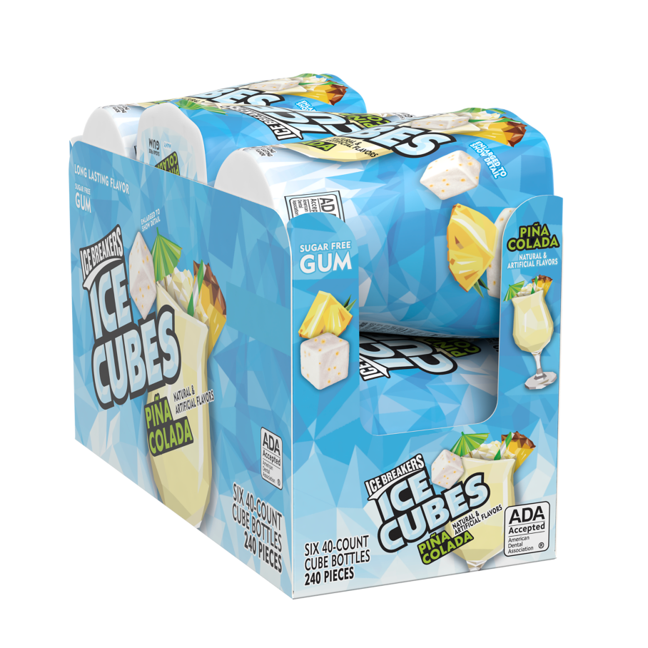 ICE BREAKERS ICE CUBES Piña Colada Sugar Free Gum, 3.24 oz bottle, 6 count box - Front of Package