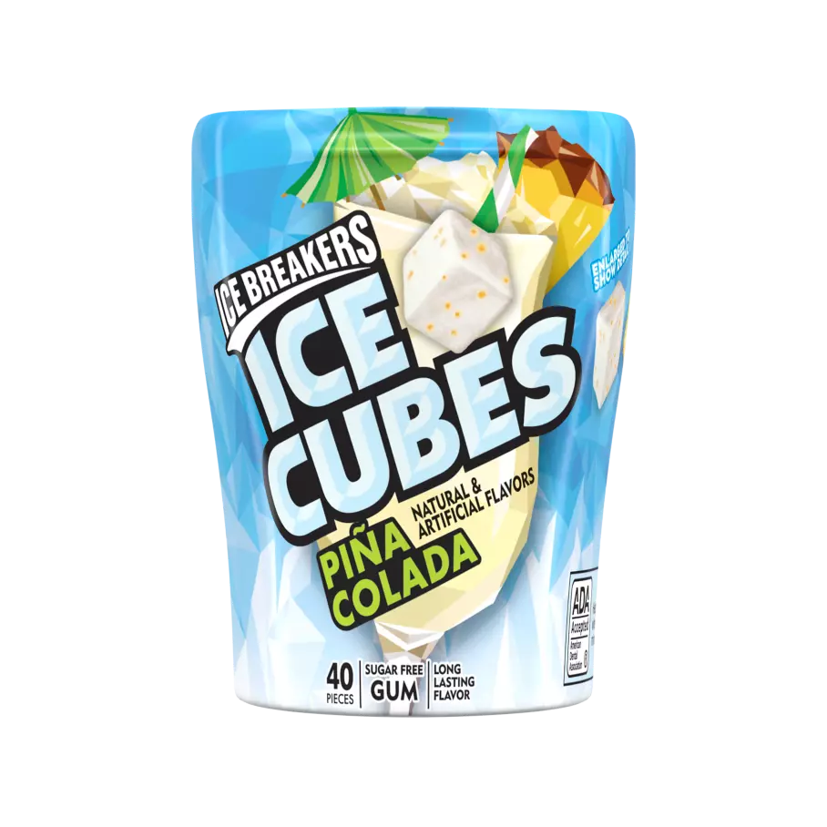 ICE BREAKERS ICE CUBES Piña Colada Sugar Free Gum, 3.24 oz bottle, 40 pieces - Front of Package