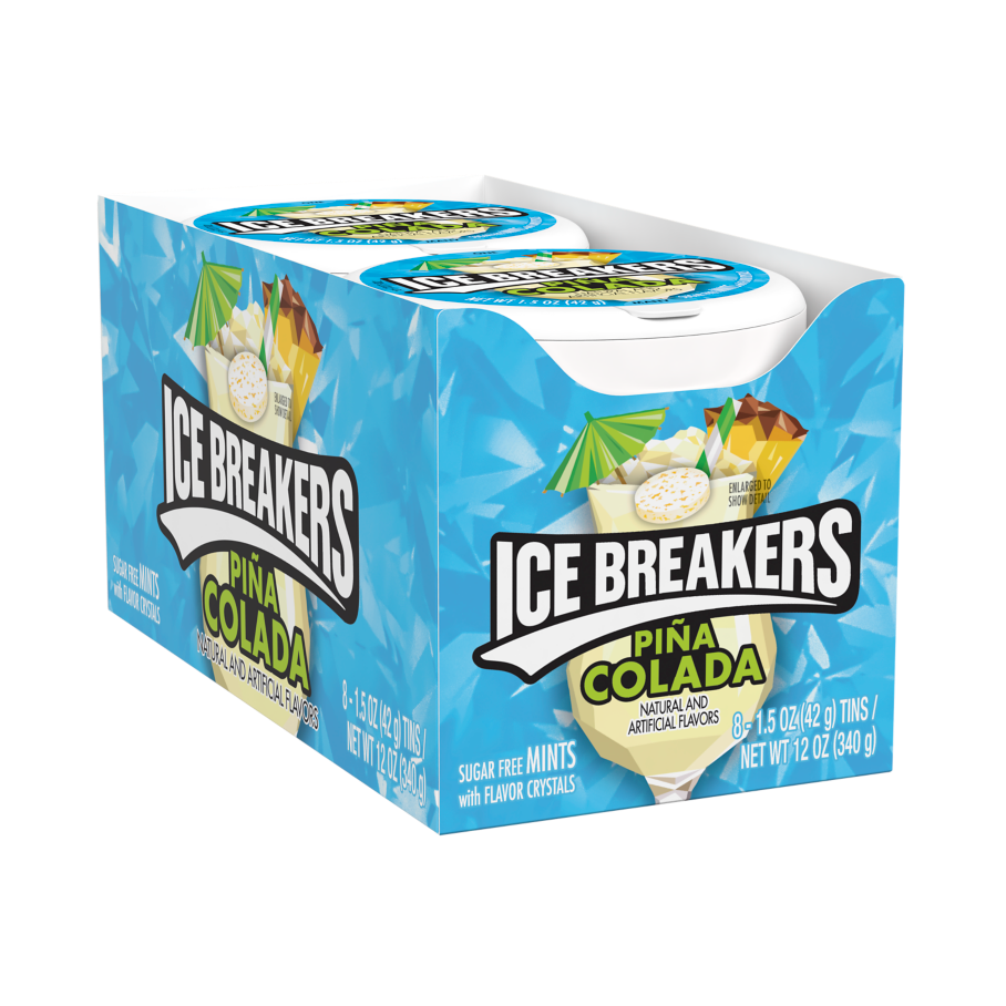 ICE BREAKERS Piña Colada Sugar Free Mints, 1.5 oz puck, 8 count box - Front of Package