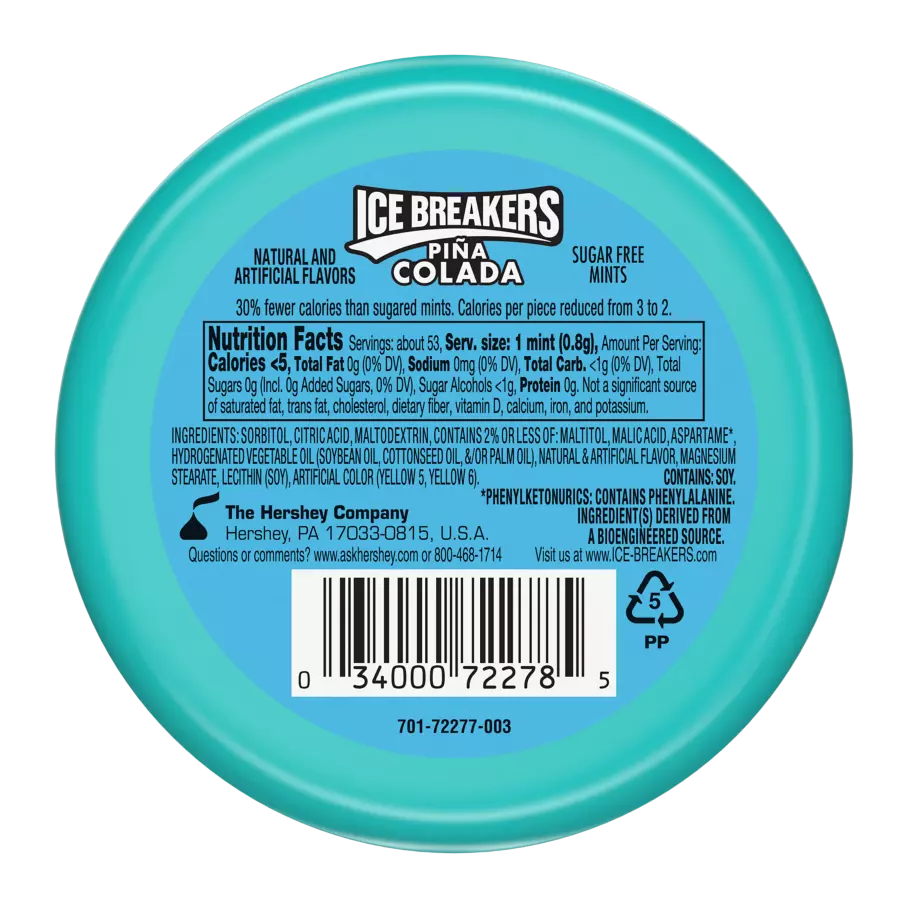 ICE BREAKERS Piña Colada Sugar Free Mints, 1.5 oz puck - Back of Package