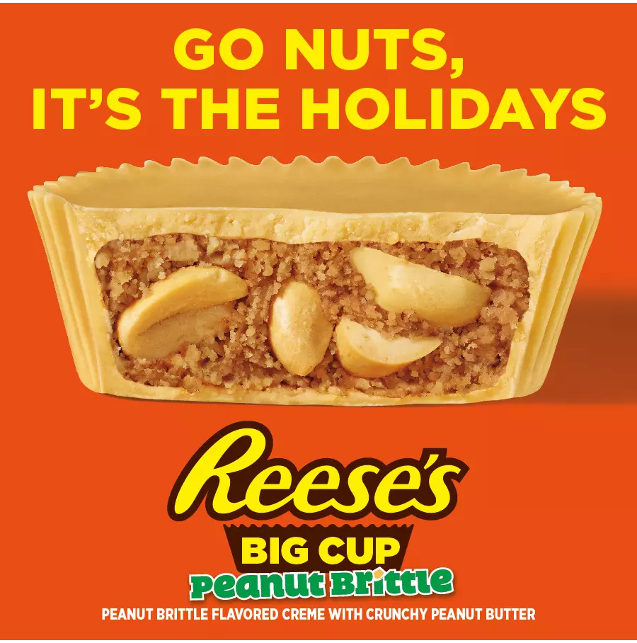REESE'S Big Cup Peanut Brittle Peanut Butter Cup out of package surrounded by text