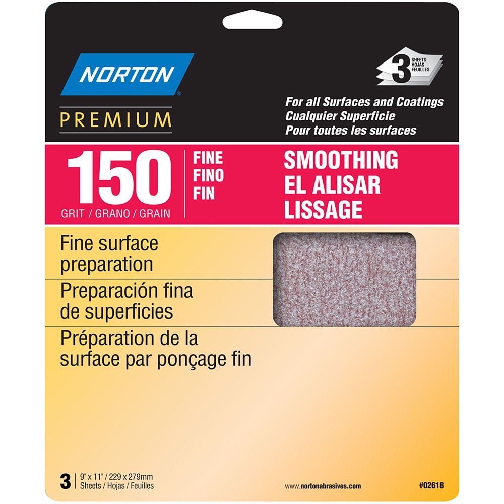 Norton Premium 9 inch X11 inch Sanding Sheets Fine150 grit (3Pack