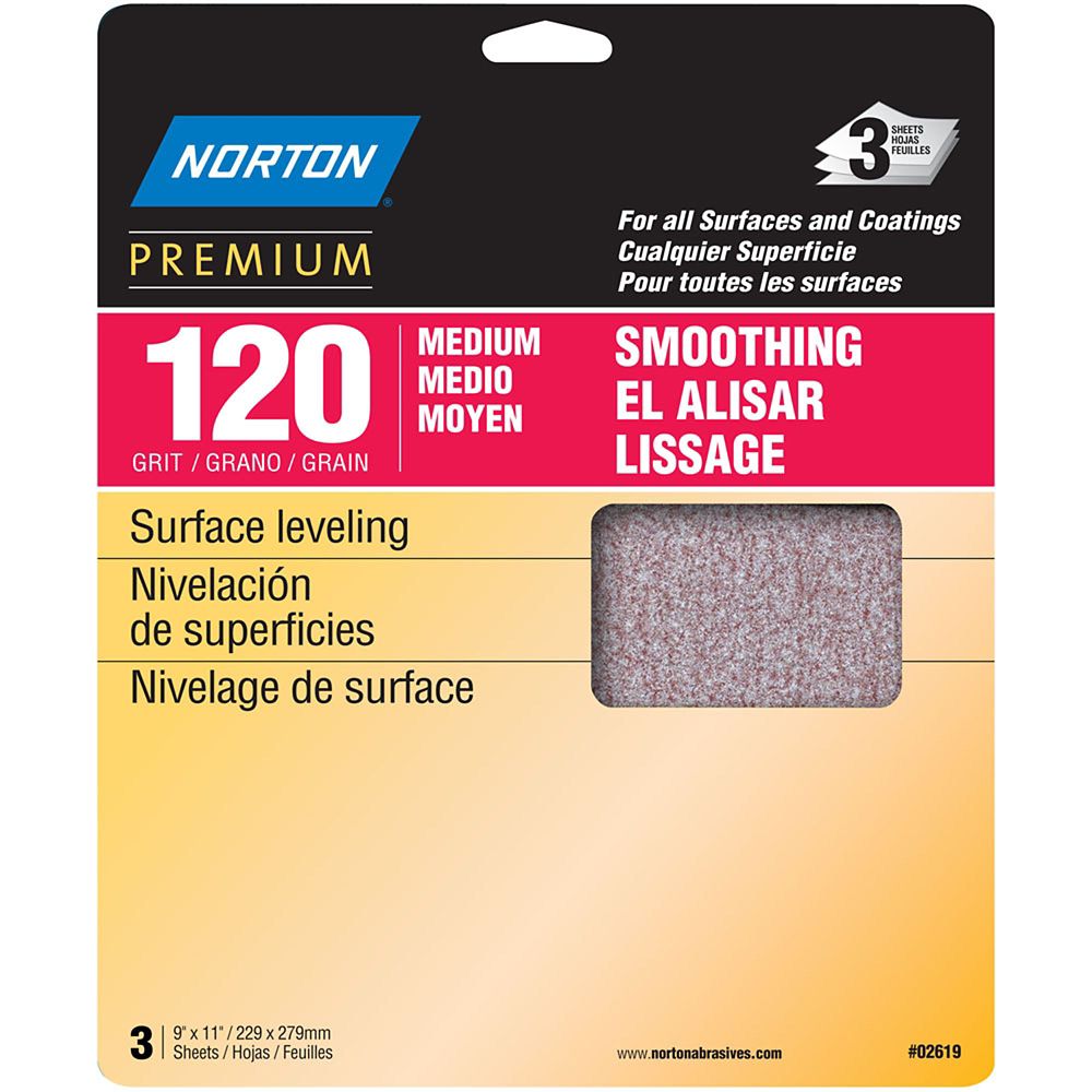 Norton Premium 9 inch X11 inch Sanding Sheets Medium120 grit (3Pack