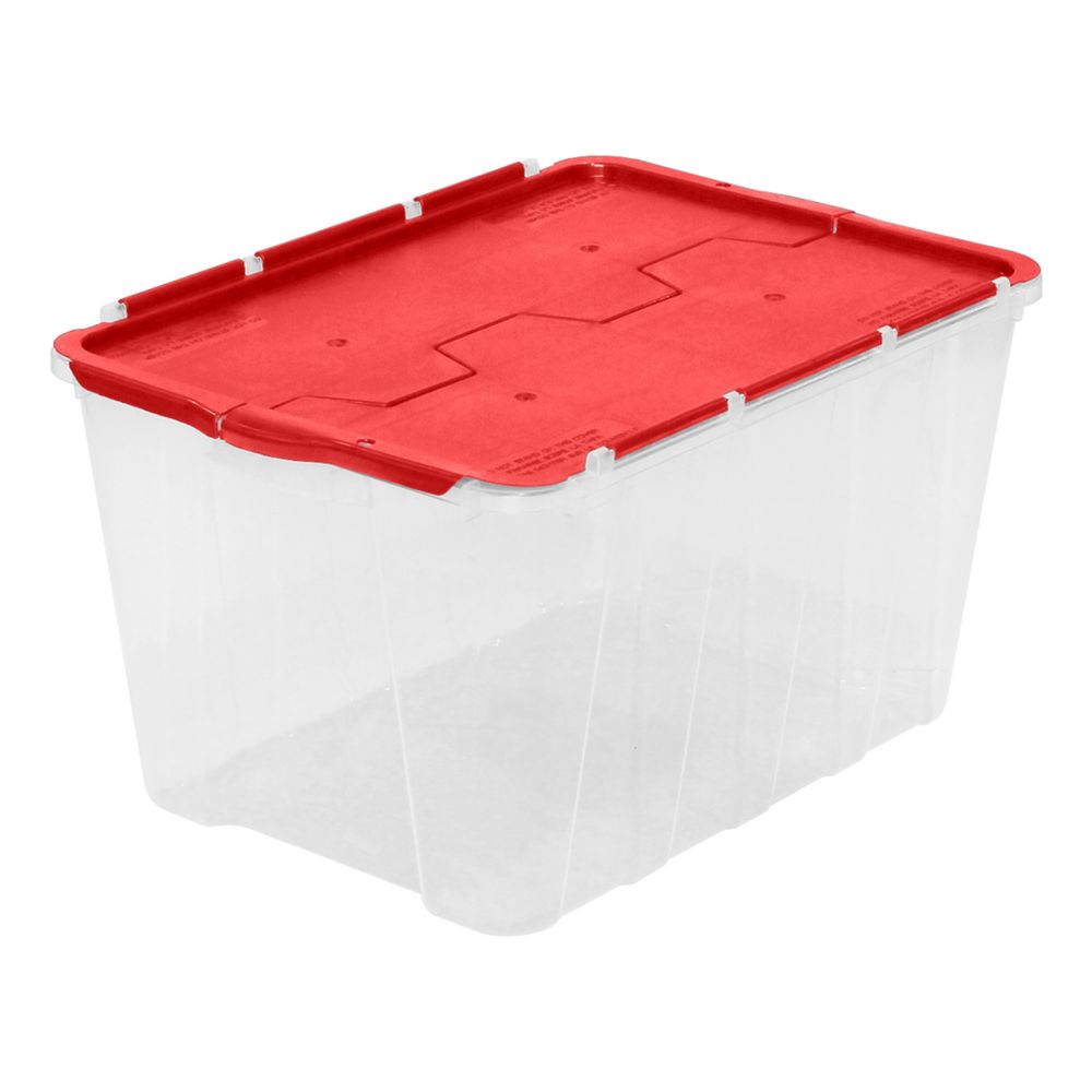 FlipTop Storage Tote in Clear with Red Lid, 49 L