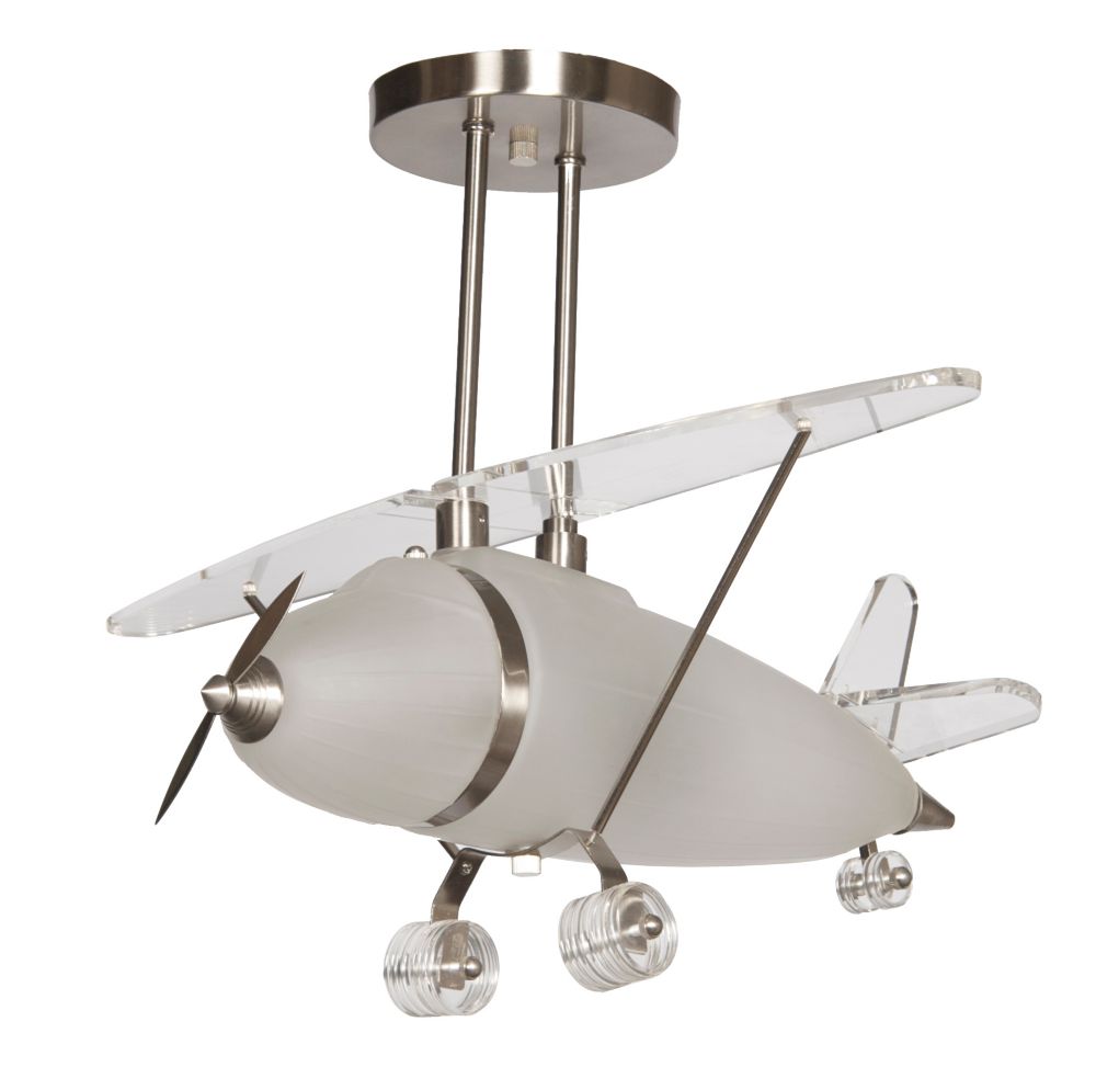 19 5 Inch 3 Light 100w Satin Nickel Airplane Pendant With Frosted Glass And Clear Acrylic