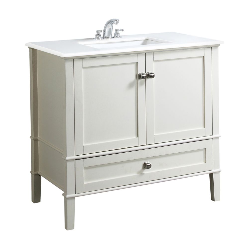 Simpli Home Chelsea 36-inch Vanity in Soft White with Quartz Marble Top in White & Under-M ...