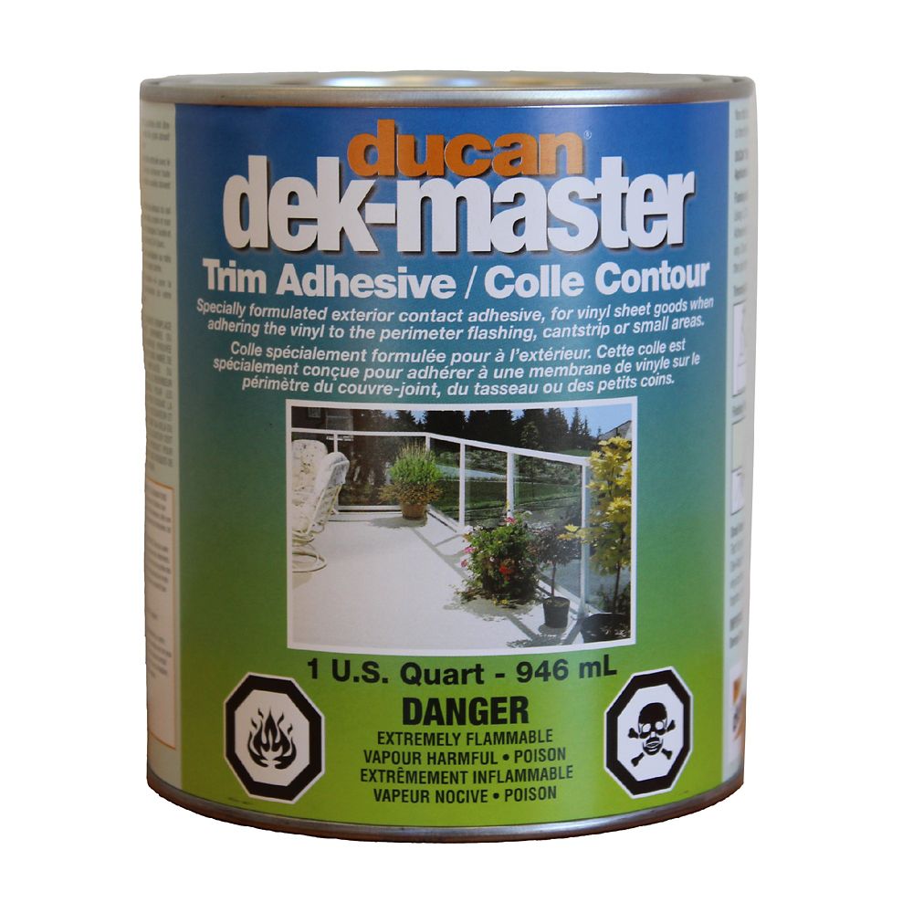 Ducan DekMaster Trim Adhesive, a fast tack adhesive used to adhere vinyl to metal flashing