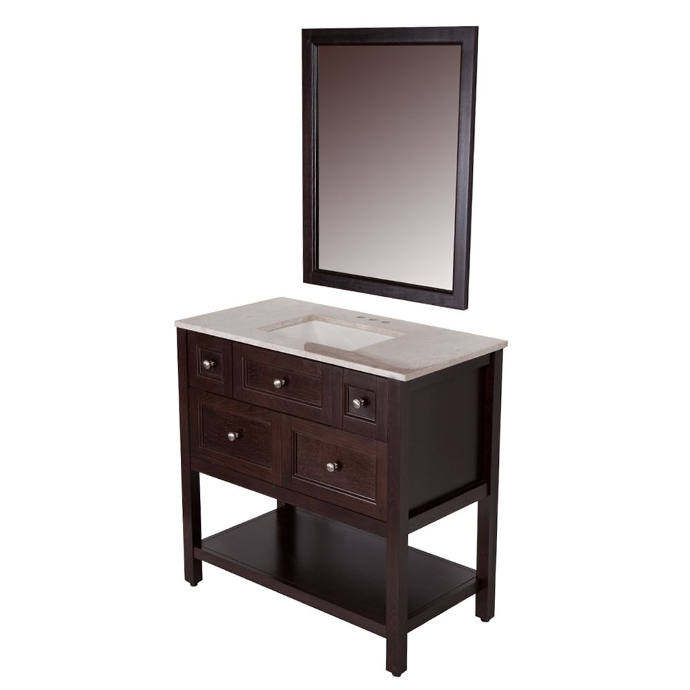 St. Paul Ashland 36-inch W Vanity in Chocolate Finish with Top in Travertine and Mirror | The ...