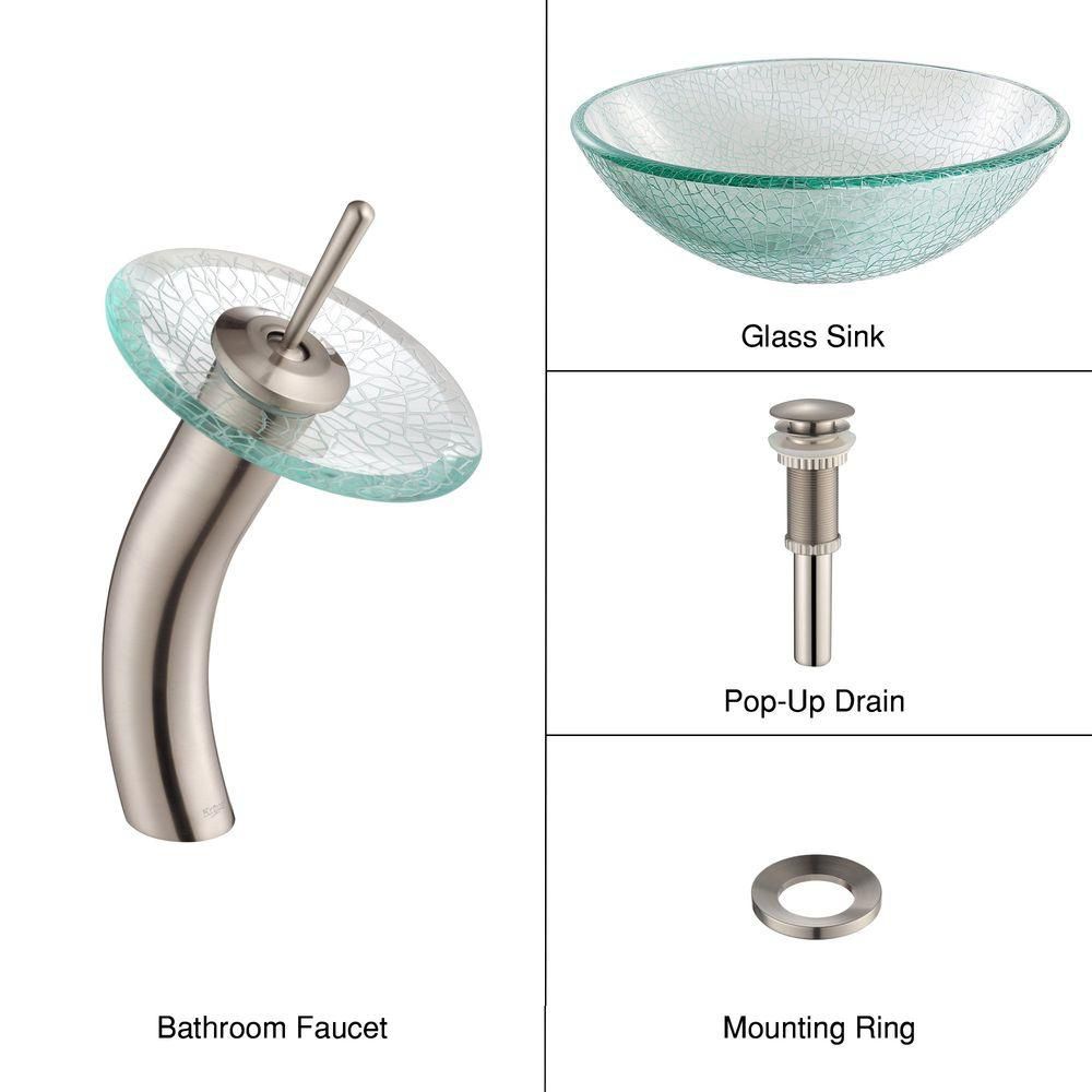 Kraus Glass Vessel Sink in Mosaic with Waterfall Faucet in Satin Nickel