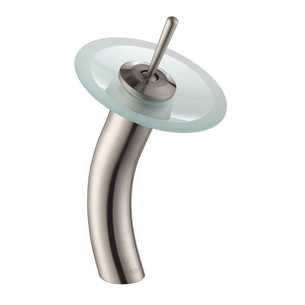 Kraus Lavabo-vasque en verre avec robinet à cascade à levier simple, nickel satiné, avec disque en verre givré Kraus Lavabo-vasque en verre avec robinet à cascade à levier simple, nickel satiné, avec disque en verre givré