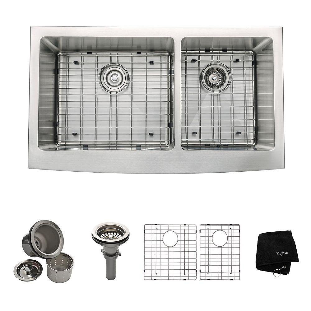 Farmhouse Apron Front Stainless Steel 36 Inch Double Bowl Kitchen Sink Kit