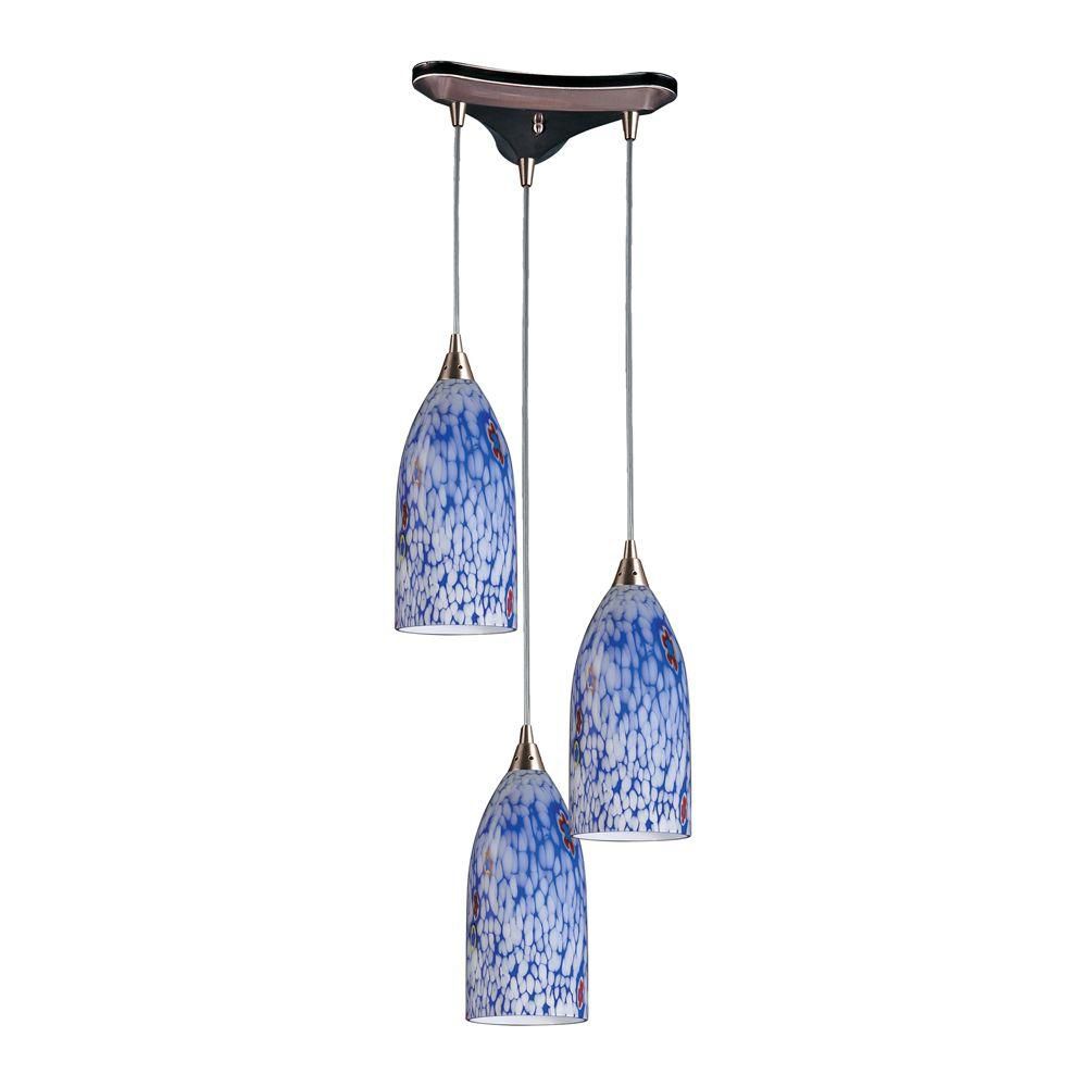 Titan Lighting Verona 3 Light Triangle In Satin Nickel With Blue Starburst Glass Pendant The