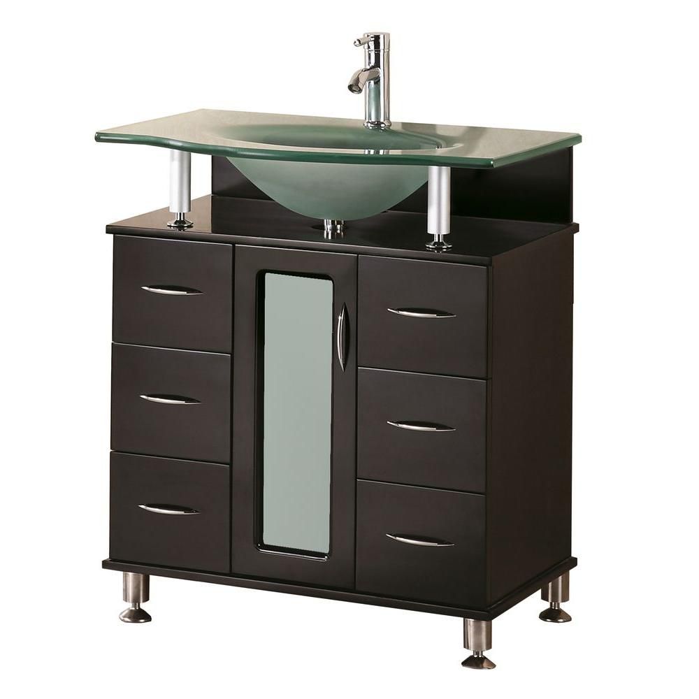 Design Element Huntington 30-inch W x 22-inch D Vanity in Espresso with Glass Vanity Top in Aqua ...