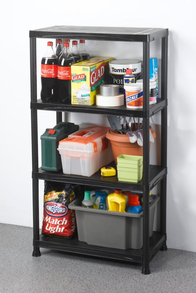 Free Standing Cabinets, Racks & Shelves: HDX Garage Shelving 4-Shelf 15 in. D x 28 in. W x 52 in. H Black Plastic Storage Shelving Unit 17307263B