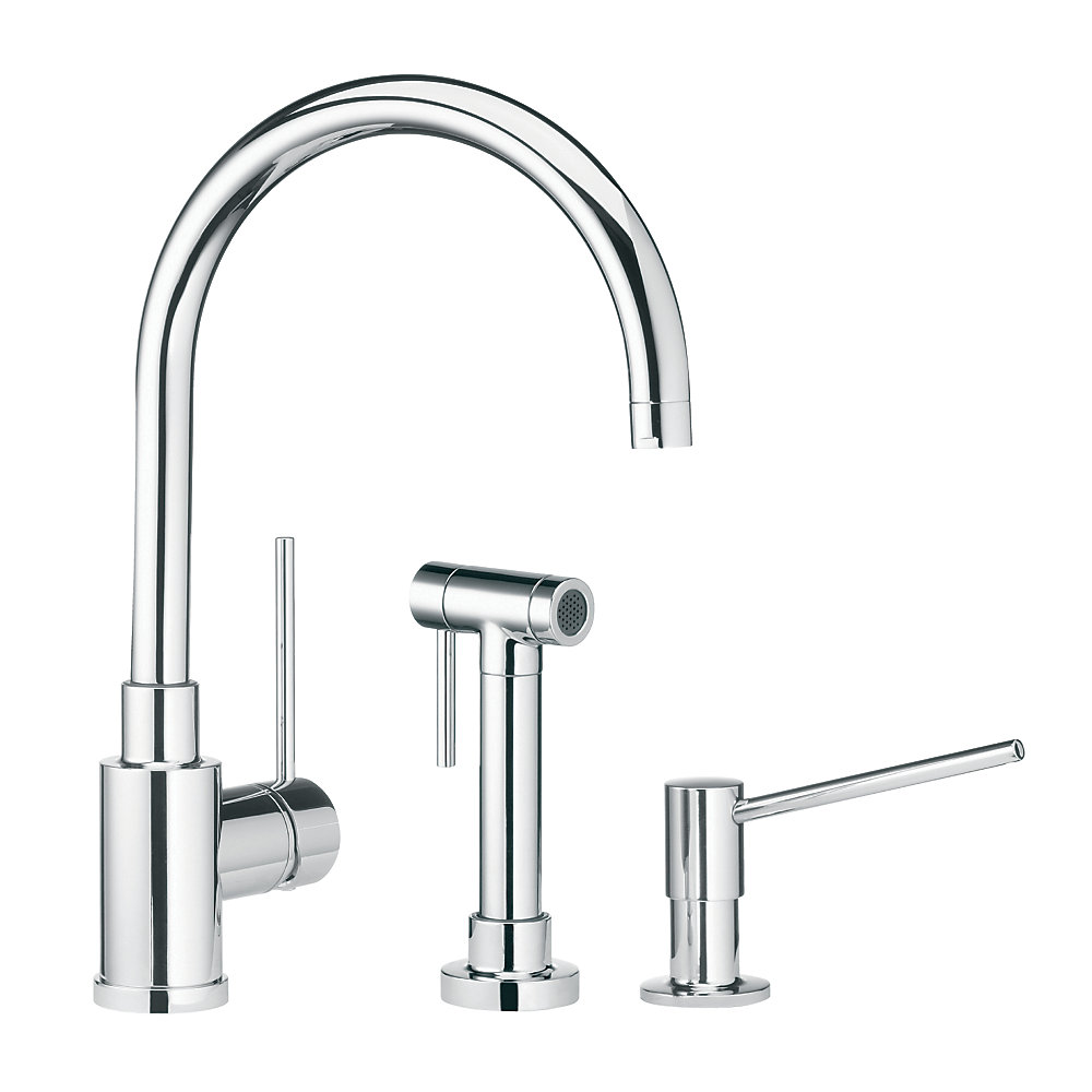 Single Lever Solid Spout Kitchen Faucet Side Spray And Soap Dispenser Stainless Steel