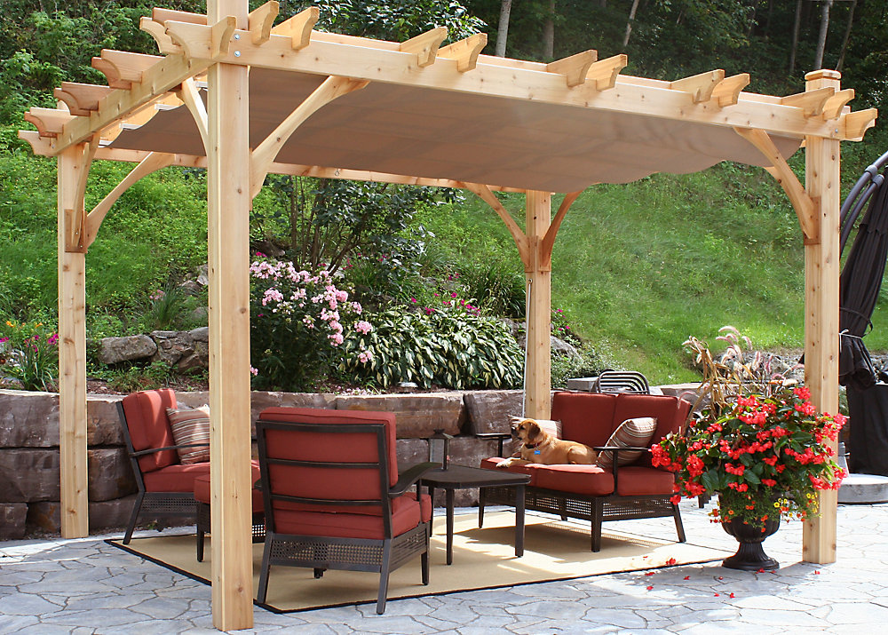 Outdoor Living Today Breeze 10 ft. x 12 ft. Pergola with Retractable Canopy Kit in Driftwo Outdoor Living Today Breeze 10 ft. x 12 ft. Pergola with Retractable Canopy Kit in Driftwo