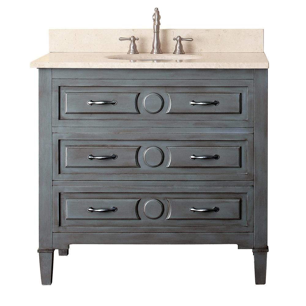 Avanity Kelly 37inch W 2Drawer Freestanding Vanity in Grey With Marble Top in Beige Tan The